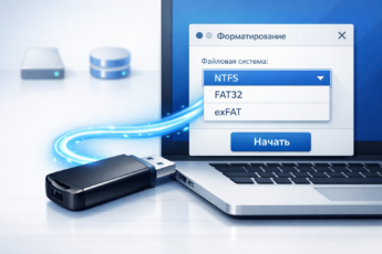 USB-флешка подключена к ноутбуку, на экране которого открыто окно форматирования с выбором файловой системы.