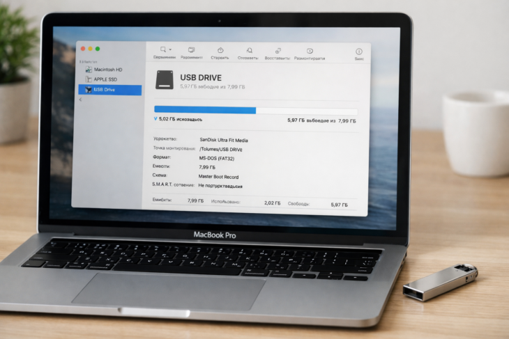 Дисковая утилита на экране MacBook с подключенной флешкой в металлическом корпусе.