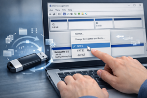 Процесс форматирования флешки в NTFS через Disk Management на ноутбуке.