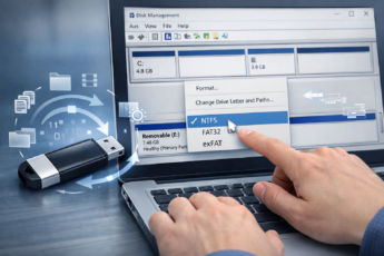 Процесс форматирования флешки в NTFS через Disk Management на ноутбуке.